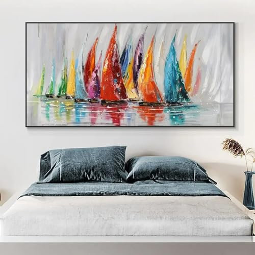 LZJAGXX Tableau abstrait sur toile coloré avec bateau à voile - Peinture sur toile de grande taille - Art mural moderne pour décoration de salon - 70 x 140 cm - Sans cadre