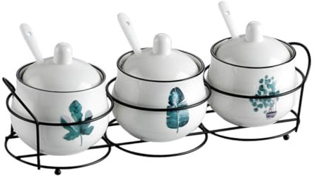 Mikinona Lot de 4 pots à épices avec cuillères - Récipients à épices en céramique pour sel, poivre et sucre - Grande ouverture facile à nettoyer - Idéal pour la cuisine et la salle à manger
