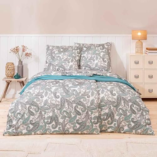 ESTELLA Mako Jersey Bettwäsche 155x220 Amadeus Mint Paisley Ecru 6955-520