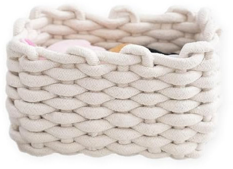 1 pc Panier Rangement,Paniers de Rangement en Corde de Coton Tressé Corbeille Rangement pour Salle de Bain,Panier de Rangement Carré pour Chambre,Salon,Maquillage et Salle de Bain (Blanc)