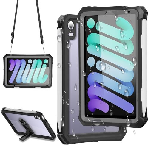 NINKI Étanche Coque pour iPad Mini 7 2024 / Mini 6 2021 8,3 Pouces,iPad Mini 7 Case avec Protection D'écran,Coque iPad Mini 6 avec Support & Bandoulièr & Porte-Stylet,Coque Intégrale ipad Mini 7,Noir