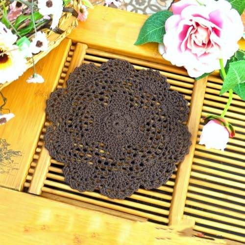 Blausky 2 Stück Runde Bestickte Tischmatte,Häkeldeckchen,Spitzendeckchen Tischset Kleine Häkeln Tischläufer Baumwolle Untersetzer,Tischdecken für Tassen Schalen Teller Vasen Antike,20 cm,Braun
