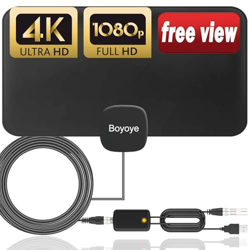 Boyoye Indoor TV Aerial Long 280+ Miles Range - Support 1080p HD VHF UHF All TV's - Indoor Smart Amplifier Signal Booster - 16.5ft Coax HDTV Cable