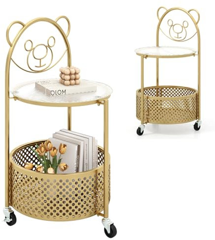 LIFEZEAL Beistelltisch Glas auf Rollen, Niedlicher Sofatisch mit Ablagekorb, Kleiner Blumentisch Snacktisch mit Cartoon-Bären-Motiv für Wohnzimmer, Schlafzimmer (Rund, Gold)