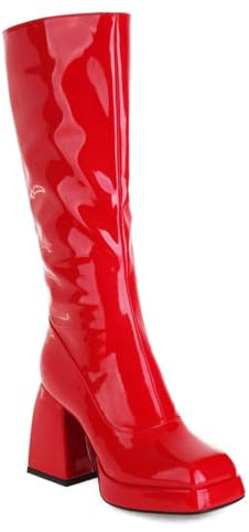 HQINGAXU Donna Stivali Ginocchio Punta Quadrata in Pelle Lucida Stivali da Cavaliere Polpaccio Largo Cerniera Laterale Tacco Alto Lunghi Moto Invernali Lavoro Combattimento,Rosso,40 EU