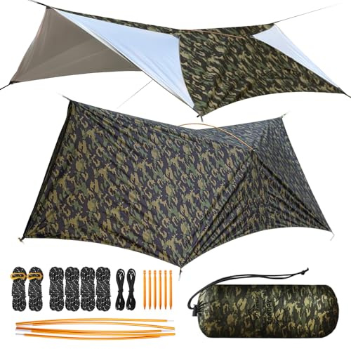 Travel Bird Toldo Camping, Camuflaje Lona Impermeable Ultraligera de 14ft para Hamaca, Ligera, Lona para Tienda de Campaña con Puertas, Multifuncional Tarp para Mochileros, Camping y Senderismo