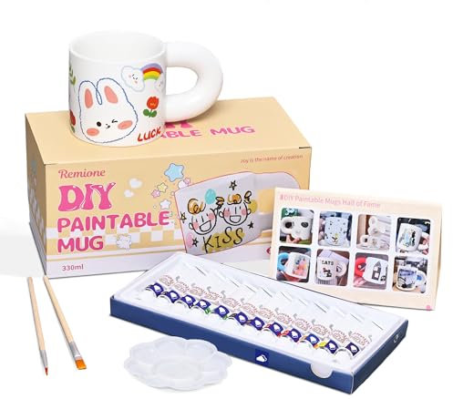 Remione Paintable Mug Kit, Dipingi La Tua Tazza, Tazze Da Dipingere, 12 Colori Per Ceramica, Pennelli, Mini Tavolozza, Manuale, Kit Fai Da Te Creativo Adulti e Bambini, Kit Ceramica Fai Da Te (Mugx1)