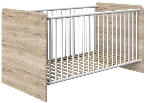 Lomadox Babybett Gitterbett mit Schlupfsprossen in Eiche mit weiß Liegefläche 70x140 cm