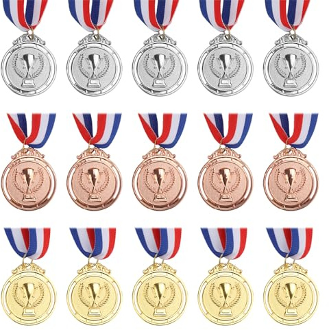 Gosknor 15 Stück Gold Silber und Bronze Medaillen, 5cm Metall Siegermedaillen für Kinder Preise im Olympischen Stil für Kinder Schulsportspiele Partygeschenke