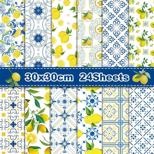 Fruchtmuster Scrapbook Papier, 24 Blatt/12 Designs Doppelseitiges Bastelpapier, Zitronenmuster Dekorpapier, Sommer Decoupage Papier Block für DIY Alben Bullet Journals Süße Geschenke, 30x30 cm