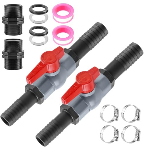 2 Stück Kugelhahn mit Schlauchverbinder, 1 Zoll(25mm) PVC Kugelhahn Absperrhahn Pool Absperrventil, Regentonne Ventile Set Poolventil Ventil Kugelventil mit Innengewinde 30mm und Schlauchtüllen 25mm
