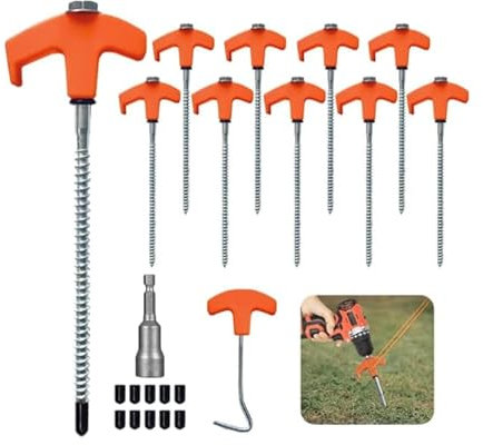 11 Pcs Tent Pegs Metal Heavy Duty for Hard Ground, Ground Camping Rock Pegs for Awnings Tarpaulin Accessories Outdoor Camping Screw-in Ground Anchors Stakes, with Drill Adapter & Nail Puller(8)