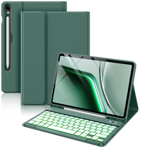 Vobafe Tastatur Hülle für Samsung Galaxy Tab S10 FE 10.9 Zoll/S9 FE 10.9 Zoll/S9 11 Zoll, 7-Farben Beleuchtung Keyboard Cover mit Stifthalter & Schnellladung, QWERTZ-Layout, Kiefergrün