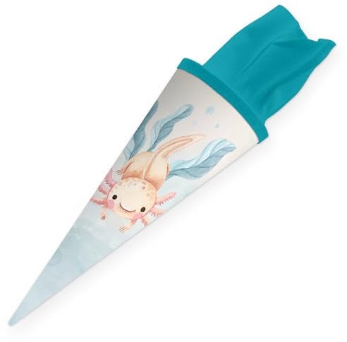 itenga Geschwister Schultüte 35cm mit Filzverschluss kleine Tüte Geschenkverpackung Einschulung Schulanfang (Motiv Axolotl)