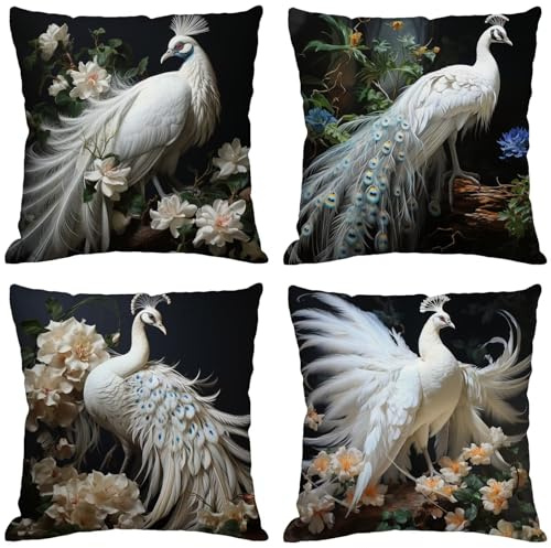 Kissenbezug 30x30 cm Outdoor Kissen Pfau 4er Set Leinen Kissenhüllen Blumen Quadratische Dekokissen mit Unsichtbaren Reißverschluss Sitzkissen Wohnzimmer Stuhl Garten Bank Terrassen Balkon Deko B-643