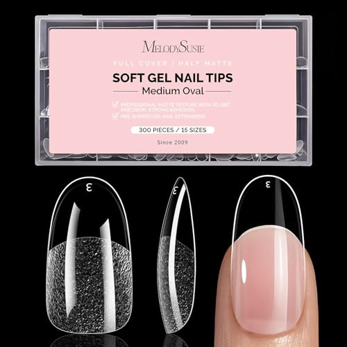 MelodySusie Medium Oval Round Nail Tips - 300Pcs Clear Acrylic, Half Matte Full Cover Press on Nails for DIY Extension & Salon Use, 15 Sizes Pre-Shaped for Long-Lasting Manicure