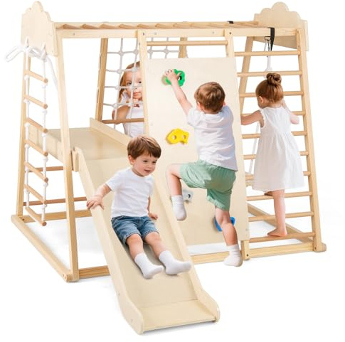 COSTWAY Klettergerüst Indoor, 8 in 1 Kletterdreieck & Schaukel & Kletternetz & Rutsche & Kletterfelsen & Affenstangen & Strickleiter & Plattform, Kinder Spielplatz Holz, für Kinder ab 3 Jahre (Natur)