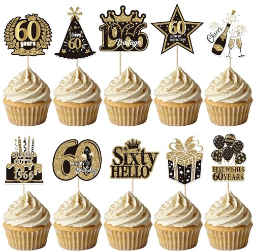 Xsstarmi 40 Pack Happy 60th Birthday Cupcake Toppers Best Whish Thirty Hello Straight Outta 1966 Cupcake Picks for Cheers to 60 Years 60th Birthday Party Cake Decorations Supplies