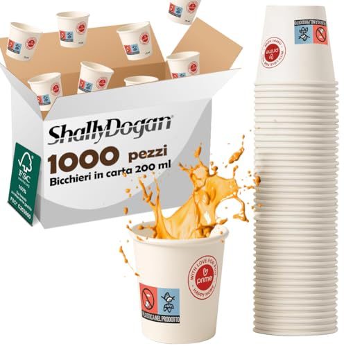 BAKAJI 1000 Bicchieri Monouso Capacità 200 ml per Acqua Bibite Calde e Fredde, Tazza in Carta Usa e Getta Riciclabili x Hotel, B&B, Casa, Feste ed Eventi, Biodegradabili e Ecosostenibili (Bianco)
