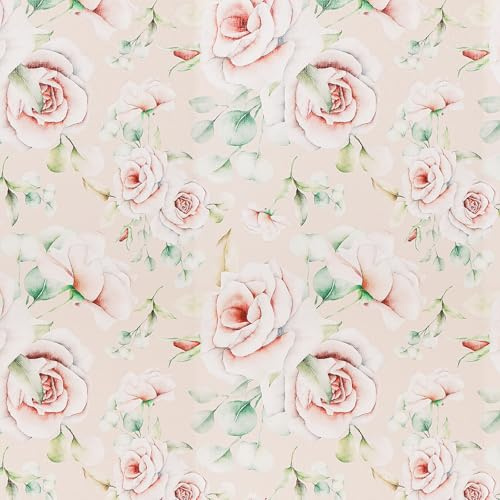 FENTIS Papier Peint Autocollant Beige Floral Revêtement Vinyle Plastique Adhésif pour Salon Motif Rose Papier Peint pour Salle de Bain Chambre à Coucher Cuisine Armoire, Imperméable 44,5x500cm