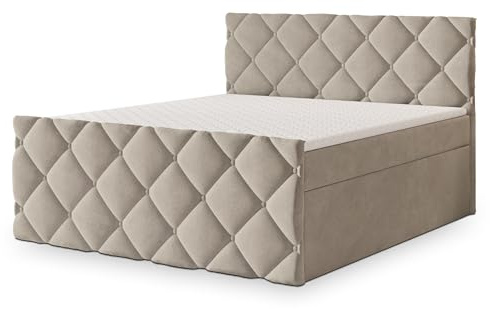Masseno Boxspringbett ROVARI 140x200 cm Komplett-Set mit Matratze und Topper, Polsterbett mit Zwei Bettkästen -Beige, Paros 02