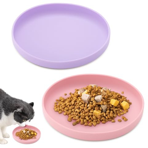 2 Stück Katzen Futternapf, Silikonmaterial Futternapf Katze, Einzigartig Zweifarbig Design Katzenschüssel, Silicone Bowl for Cats, Katzennapf Flach für Nassfutter Trockenfutter Wasser, Lila & Rosa