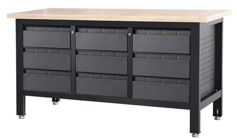 FEISTOS Werkbank Heros 4, 9 Schubladen, Anthrazit/Schwarz | Neun kugelgelagerte Schubladen im Vollauszug mit Zentralverschluss, 38 mm Multiplexplatte und höhenverstellbaren Füßen.