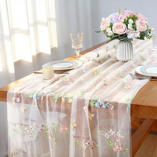 LOMOHOO Tischläufer Weiß 71x305cm Tischläufers with Stickerei mit Tüll