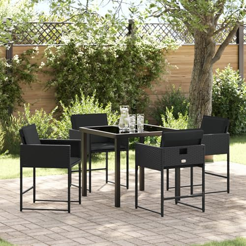 IBUQDDV 5-teiliger Garten Essplatz mit Kissen aus schwarzem Poly-Rattan, 4 Sitzplätze mit bequemen Hochlehnern und Tisch für Terrasse, Balkon oder Garten, UV-beständiges PE-Rattan,