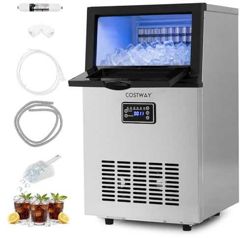 COSTWAY Commercial Ice Machine, 23kg/24H Stainless Steel Ice Maker Machine with 15 Adjustable Thickness, 5kg Ice Storage, Self-Cleaning Design, Digital Display & Scoop, Ice Cube Machine for Home Bar