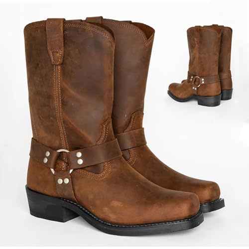 Botas De Cuero Para Motocicleta, Botas Montar Para Hombre, Botas De Montar Estilo Western Con Tacón Grueso Y Punta Cuadrada, Botas Altas Hasta La Rodilla(Brown,41 EU)