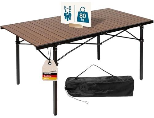 Skandika Campingtisch Maikku | Alu Klapptisch groß, 140 x 70 x 70 cm, Holzoptik, 6 Personen, bis 80 kg, wasserfest, klappbar, leicht, einrollbare Tischplatte | Falttisch für Camping, Garten, Angeln