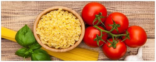 Wallario Küchenrückwand selbstklebend 115 x 50 cm, Motiv: Spaghetti mit Tomaten, Knoblauch und Basilikum | Spritzschutz abwischbar & pflegeleicht