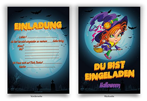 Einladungskarten (8 Stück) zum Ausfüllen für Geburtstag - „Halloween Hexe