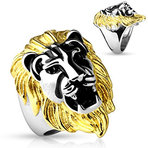 Tapsi´s Coolbodyart® Siegel Guss Ring Edelstahl 12mm Breit Goldmähne Löwen Kopf Silber Gold 69(22)
