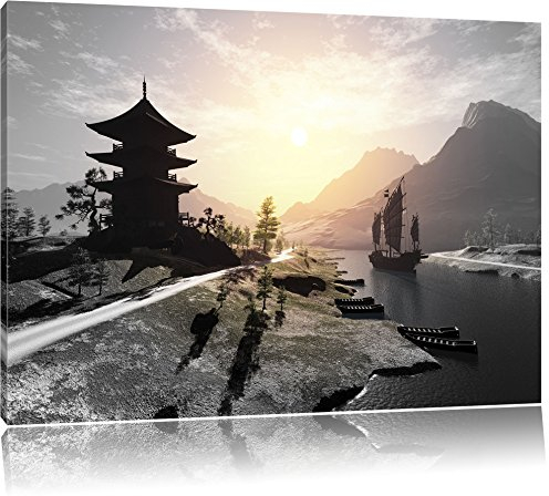 Pixxprint asiatischer Tempel an Fluss, Größe: 80x60cm, Leinwandbild, fertig gespannt, Wandbild, Dekoration, Kunstdruck, kein Poster