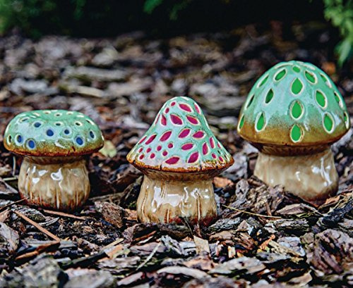 Burwells 3 x Toadstool Ornaments with Lights – Solar Powered Weather Resistant Outdoor Garden Glazed Ceramic Light Up Mushroom Decorations for Patio, Decking, Borders, Rockeries