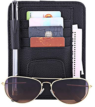 Car Sun Visor Organizer, Sonnenblenden Tasche, Visor Auto Sonnenblende Organizer Tasche Karte Lagerung Brillenhalter Clip Multifunktions Veranstalter Gläser Halter Hängen PU Leder (Schwarz)
