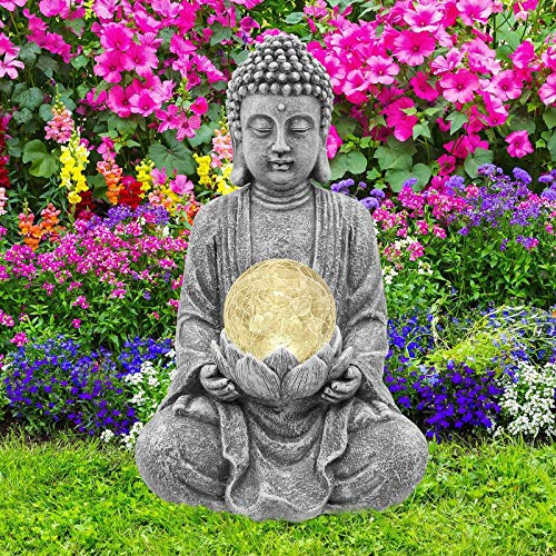 Goodeco Statue de Bouddha méditant avec lumière solaire, statue de Bouddha solaire zen avec boule de verre craquelé, décoration intérieure/extérieure, cadeau pour balcon, cour, art 26.5 cm (gris)