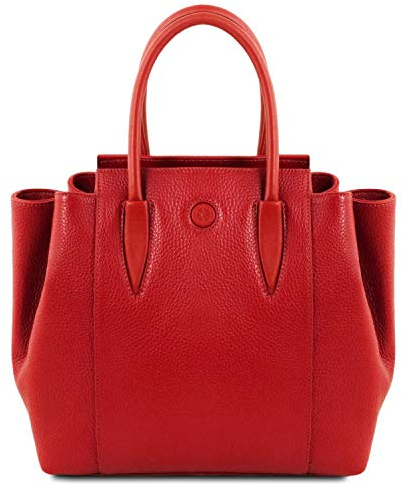 Tuscany Leather Damen Klassische Minimalistische Lippenstift Rot Ledertasche Satchel 13 cm x 33 cm x 28 cm mit Reißverschluss und Schultergurt