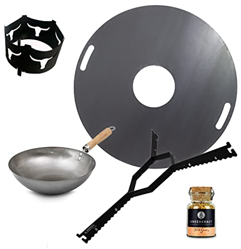 A. Weyck Tools Komplettset Feuerplatte 100cm 6mm + Halter Wok Pfanne Wok Krone Ankerkraut #575