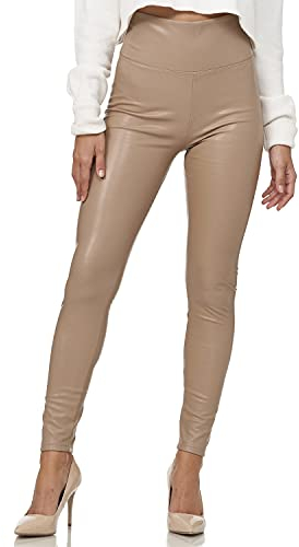 Gloop Damen Kunstleder High Waist Leggings Hose Strumpfhosen Treggins Leder Look hüfthoch (DE/NL/SE/PL, Alphanumerisch, M, Regular, Regular, Beige-Highwaist)