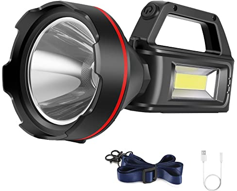 Wiederaufladbare Spotlampe, hohe Lumen, Handstrahler, LED-Suchscheinwerfer mit Schultergurt und USB-Ausgang für Hurrikan, Notfall, Stürme, Ausfälle, Jagd, Wandern, Camping (schwarz1)
