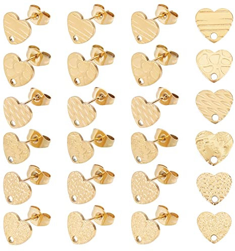UNICRAFTALE 24pcs Forme Coeur Doré Placage sous Vide Résultats Boucle Oreille 304 Clous Oreille en Acier Inoxydable avec Écrous Oreille et Trou pour Fabrication Bijoux