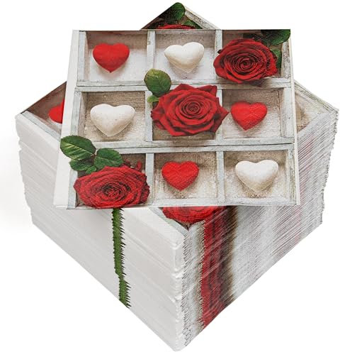 HEKU 100 Servietten, 3-lagig, 33x33cm, Rosen und Herzen I Saugstark und praktisch verpackt I Ideal für besondere Anlässe