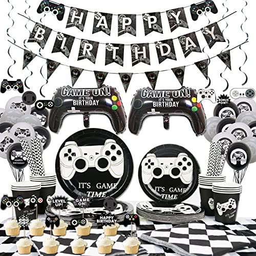 LSJDEER Fournitures de fête pour jeux vidéo - Assiettes de jeu, gobelets en papier, serviettes, décorations de gâteau, pailles, nappe, bannière, tourbillons suspendus - Pour 20 personnes