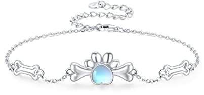 TRISHULA Hundepfote Armband 925 Sterling Silber Einstellbar Armband Hundeknochen Armband Herz Mondstein Armband Hundepfote Schmuck Geschenk für Damen Mädchen Frauen Kinder