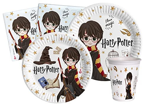 Ciao- Kit Table Fête Party Harry Potter 24 Personnes (112 pcs: Assiettes, gobelets, Serviettes) en Papier compostable Vaisselle, Caricature, AZ020, Multicolor