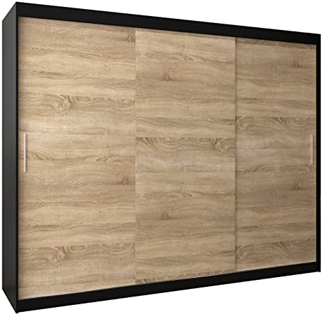 MEBLE KRYSPOL Tokyo 250 Kleiderschrank mit DREI Schiebetüren für Schlafzimmer – moderner Aufbewahrungsschrank mit Kleiderstange und Regalen – 250x200x62cm - Mattschwarz + Sonoma