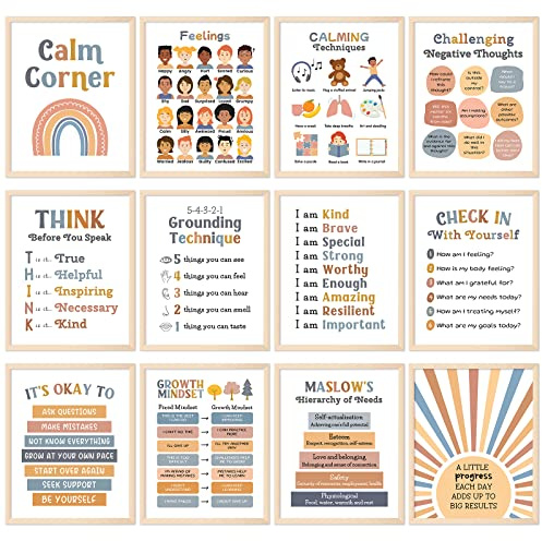 Whaline 12 Blatt Calming Corner Klassenzimmer-Poster, Boho-Poster für Psychische Gesundheit, Gefühle, Schulanfang, Beruhigende Bewältigungsfähigkeiten, Pädagogische Therapie für Vorschule